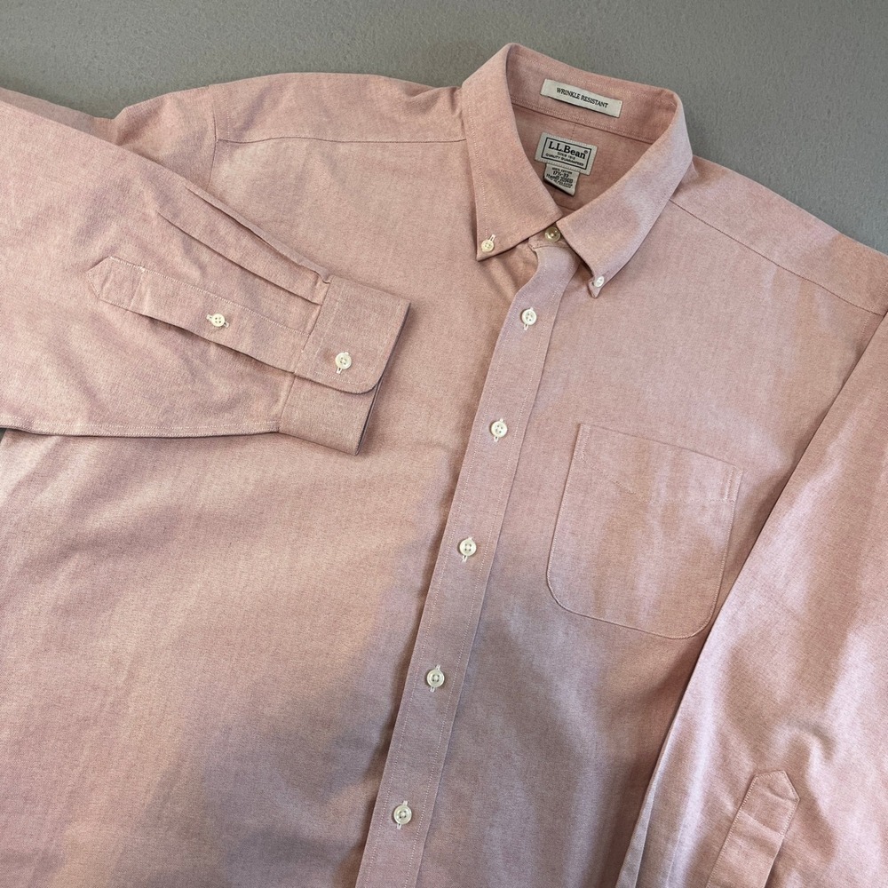 LL Bean Wrinkle Resistant‎ Long Sleeve Button Down Shirt Mens 17.5 34-35 Pink